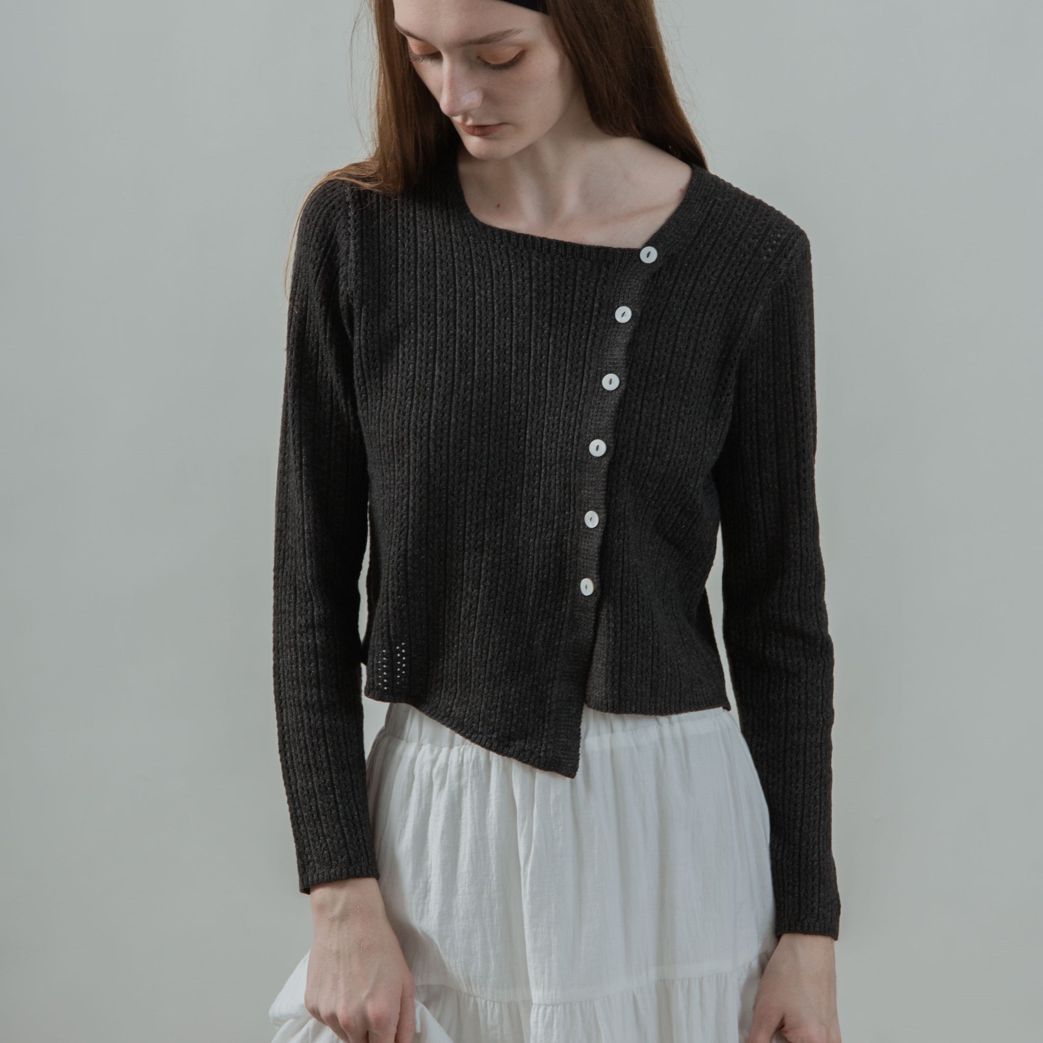 Celine Side Button Down Hollow Knit Top (Grey)