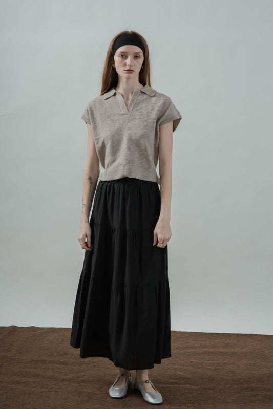 V Placket Collared Knit Top (Ash Brown)
