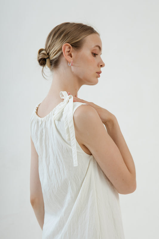 Gathered Neckline Dress (White)