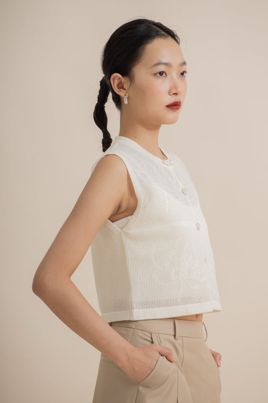 Crochet Floral Knit Vest (Beige)