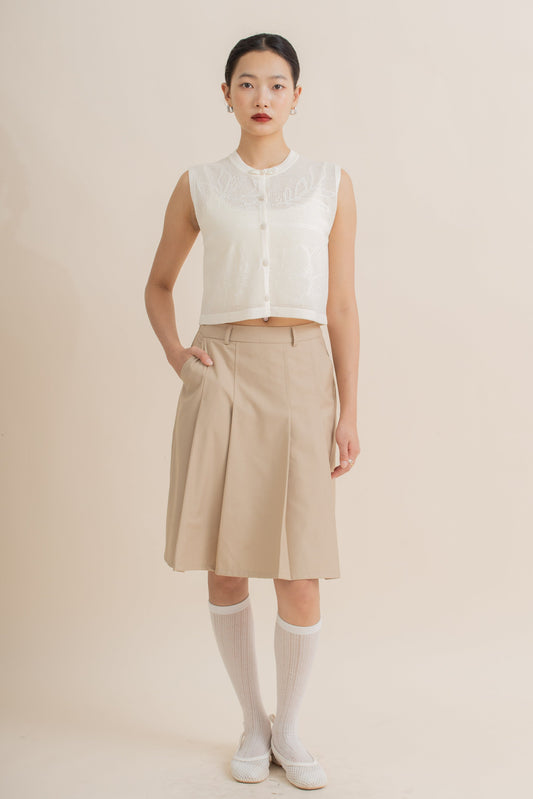 Elodie Pleated Knee Line Skirt (Khaki)