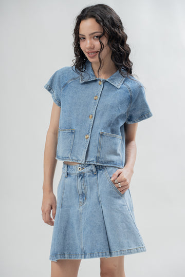 Malorie Pockets Denim Top (Washed Denim)