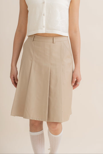Elodie Pleated Knee Line Skirt (Khaki)