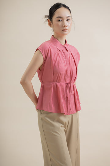 Front Pleated Collared Sleeveless Top (Pink)