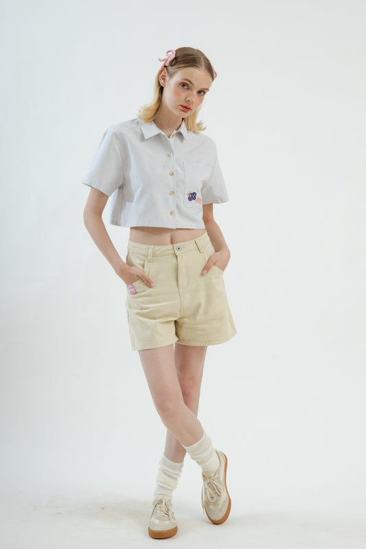 LULU And Friends Pocket Embroidery Cropped Shirt (Grey Stripes)