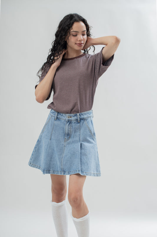 Double Pleat Denim Flare Skirt (Washed Denim)