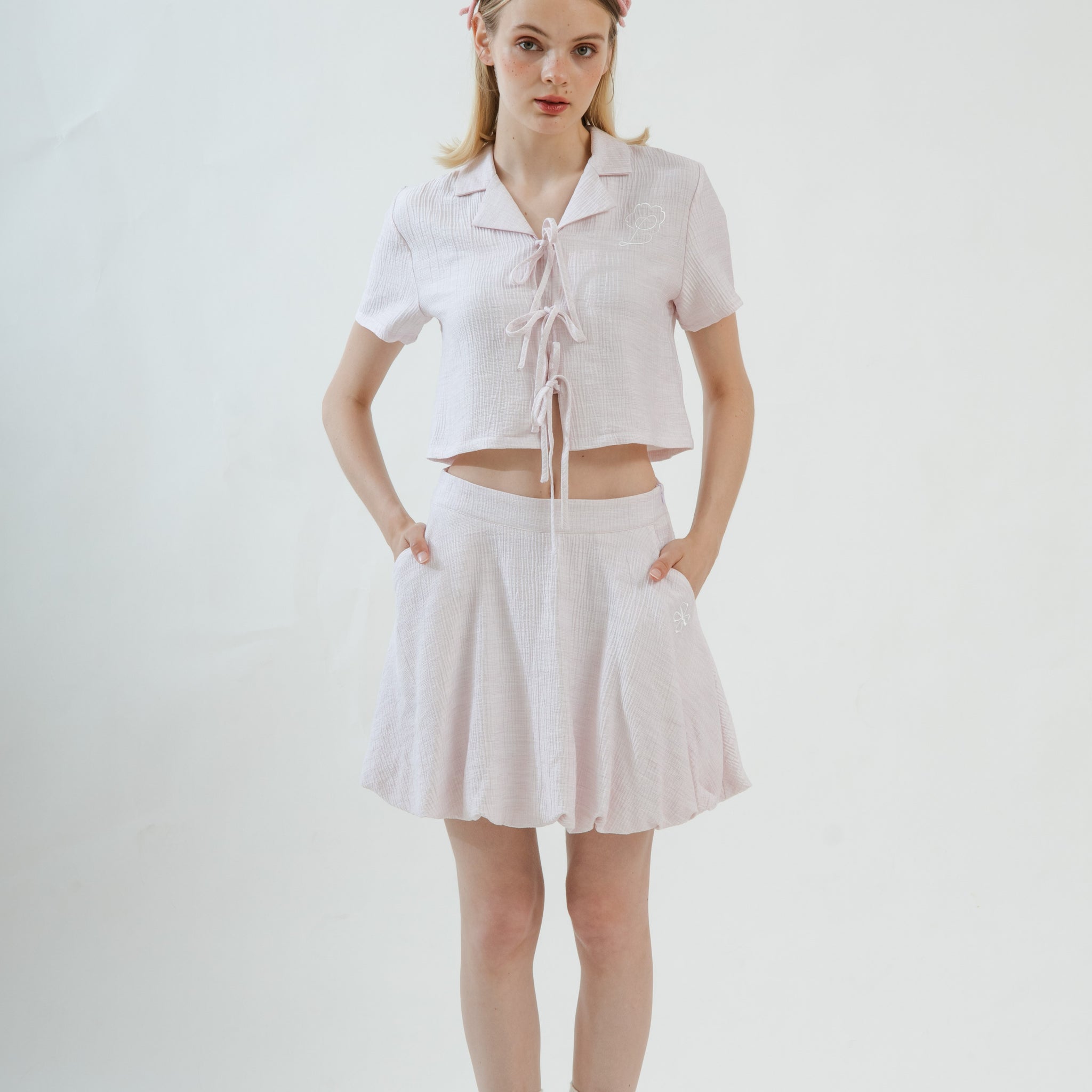 LULU Textured Embroidery Front-Tie Blouse (Pink)