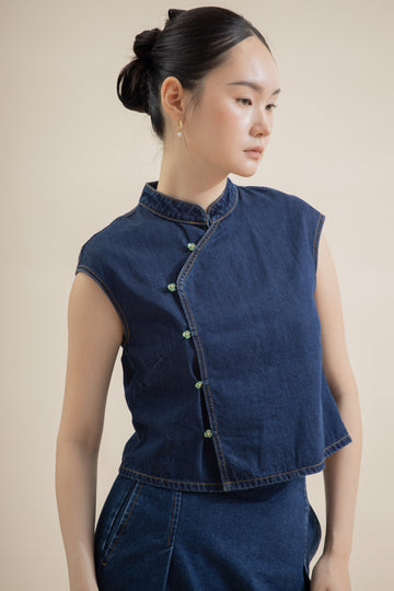 Floral Jade Button Denim Cheongsam Top (Dark Denim)