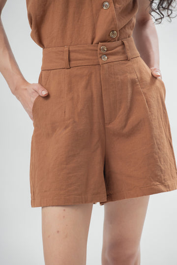 Dual Button Wide Leg Shorts (Brown)
