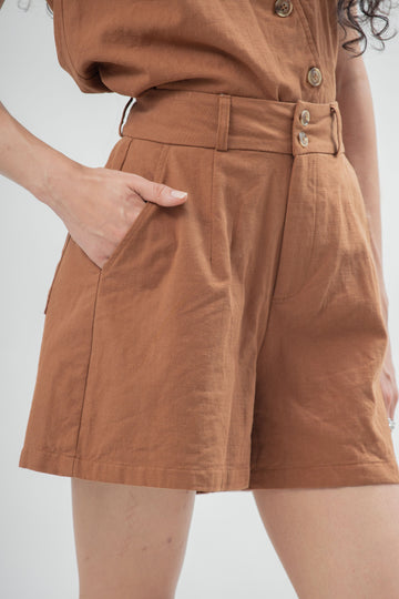 Dual Button Wide Leg Shorts (Brown)