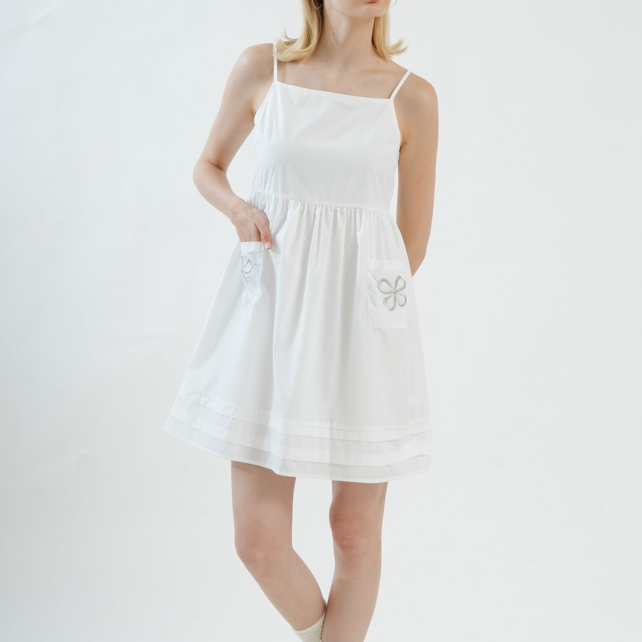 LULU Embroidered Double Pocket Strappy Dress (White)