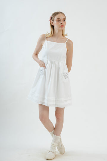LULU Embroidered Double Pocket Strappy Dress (White)