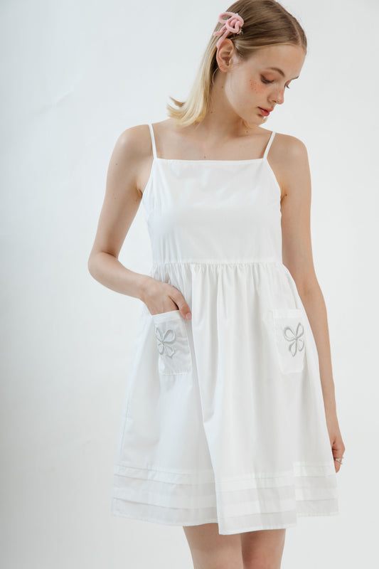 LULU Embroidered Double Pocket Strappy Dress (White)