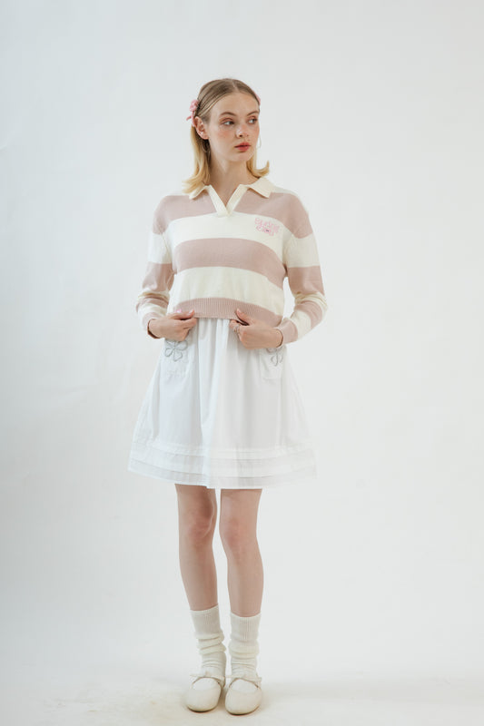 LULU Spring Club Embroidery Polo Sweater (Pink Stripes)