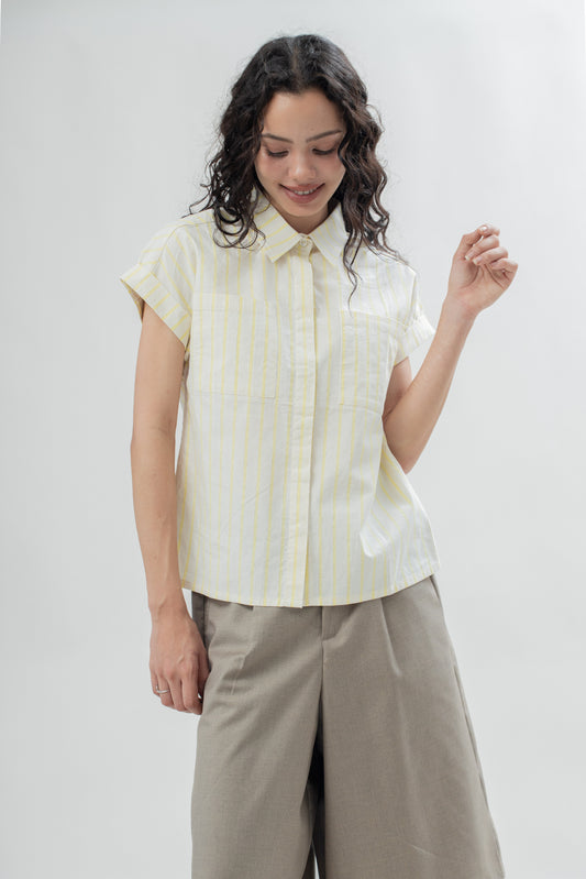 Lana Stripes Folded Short Sleeve Shirt (Yellow Stripes)