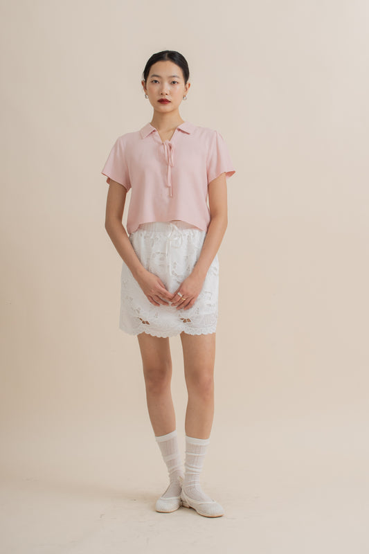 Ribbon Short Sleeve Linen Top (Pink)