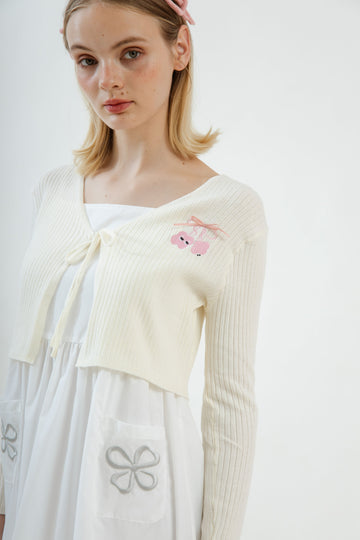 LULU Ribbon Front-Tie Cardigan (Beige)