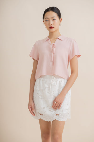 Ribbon Short Sleeve Linen Top (Pink)