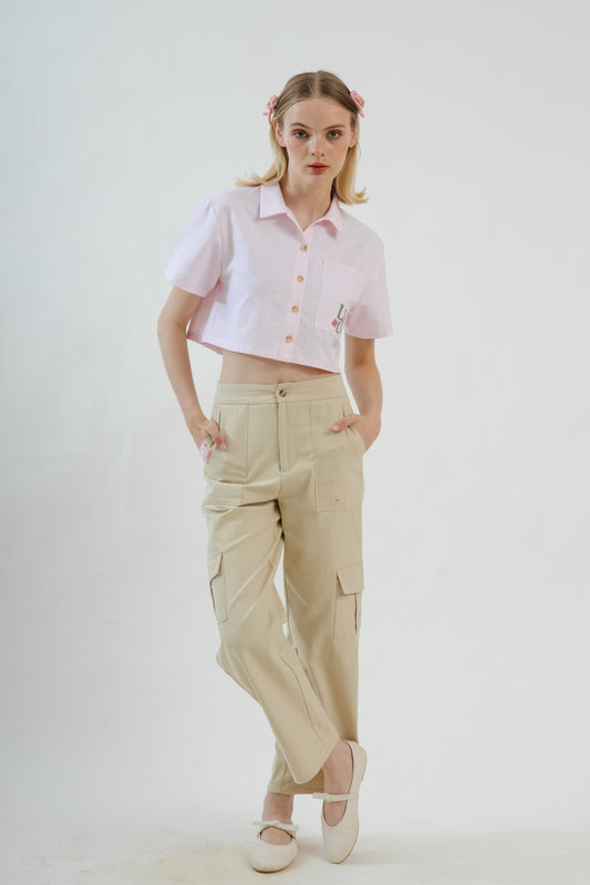 LULU Spring Club Pocket Embroidery Cropped Shirt (Pink Stripes)