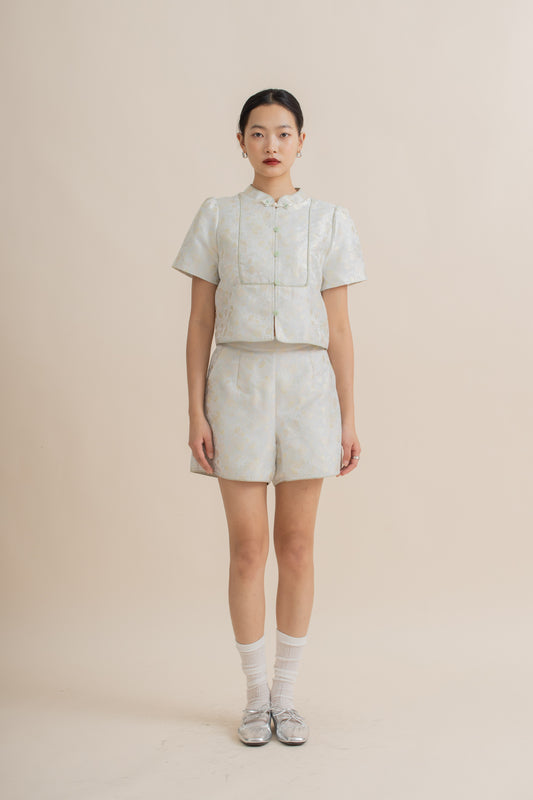 Jacquard Cheongsam Short Sleeve Top (Pale Green)