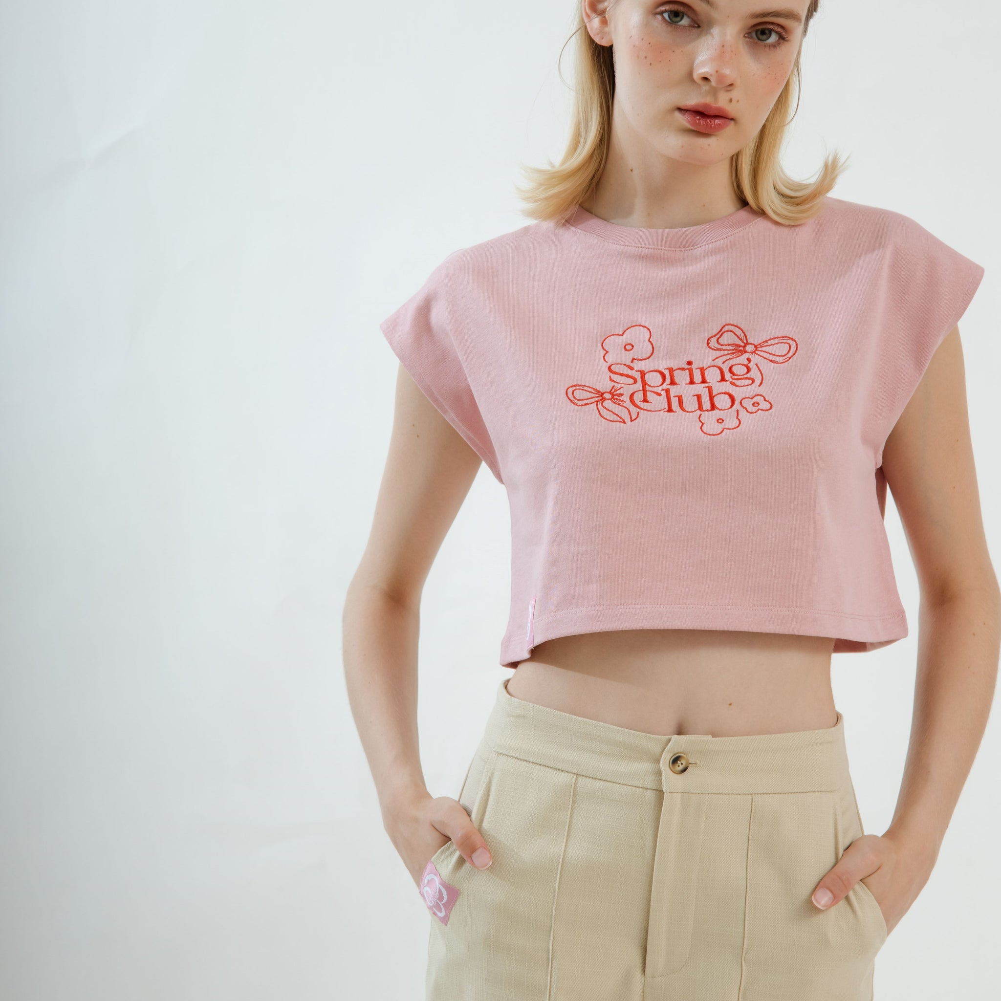 LULU Spring Club Embroidery Sleeveless Crop Tee (Pink)