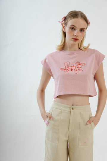 LULU Spring Club Embroidery Sleeveless Crop Tee (Pink)