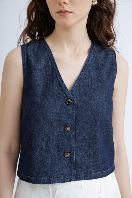 V Neck Sleeveless Denim Vest (Dark Blue)