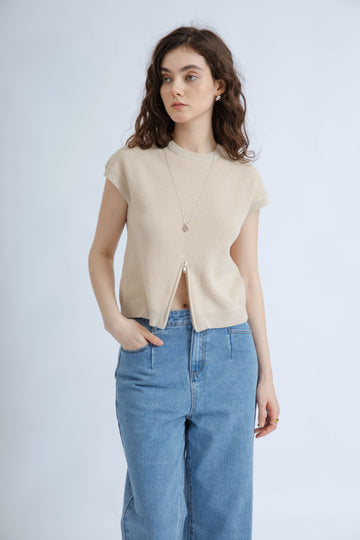 Multi-Wear Zipper Details Knit Top (Beige)