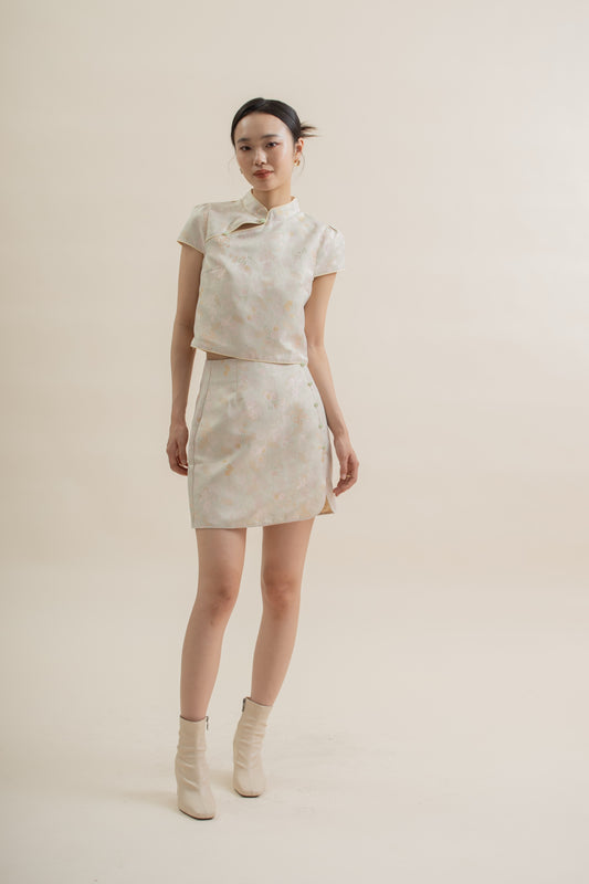 Pastel Gleam Floral Cheongsam Skirt (Beige Yellow)