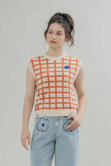 LULU Checkered Knit Vest (Orange Checks)