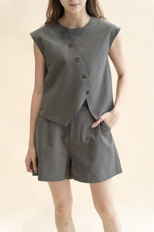 Diagonal Cut Button Sleeveless Top (Grey)