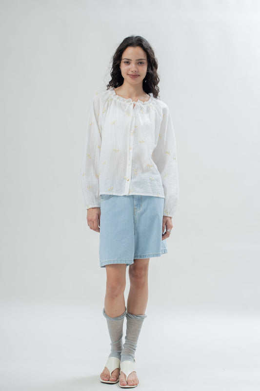 Caulie Floral Embroidery Sheer Button Blouse (Ivory)