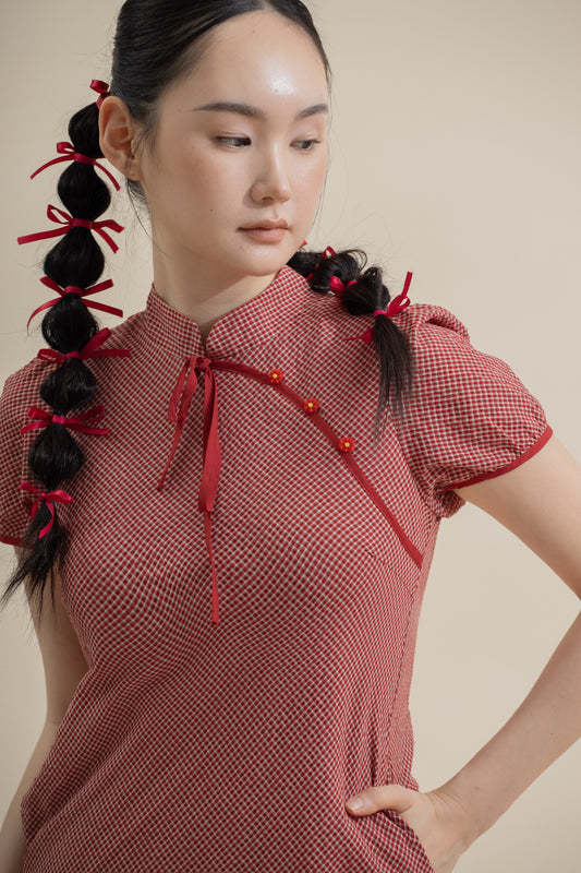 LULU Plaid Cheongsam Dress (Red Plaid)