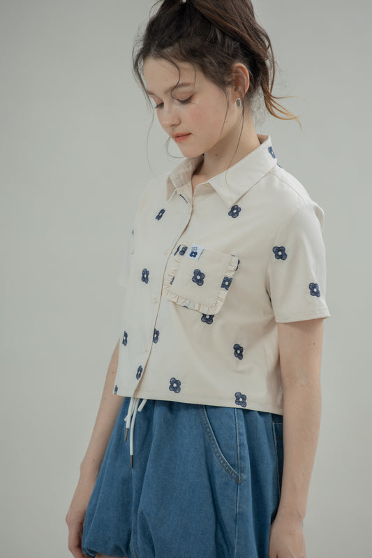 LULU Blooming Embroidery Short Sleeve Shirt (Beige)