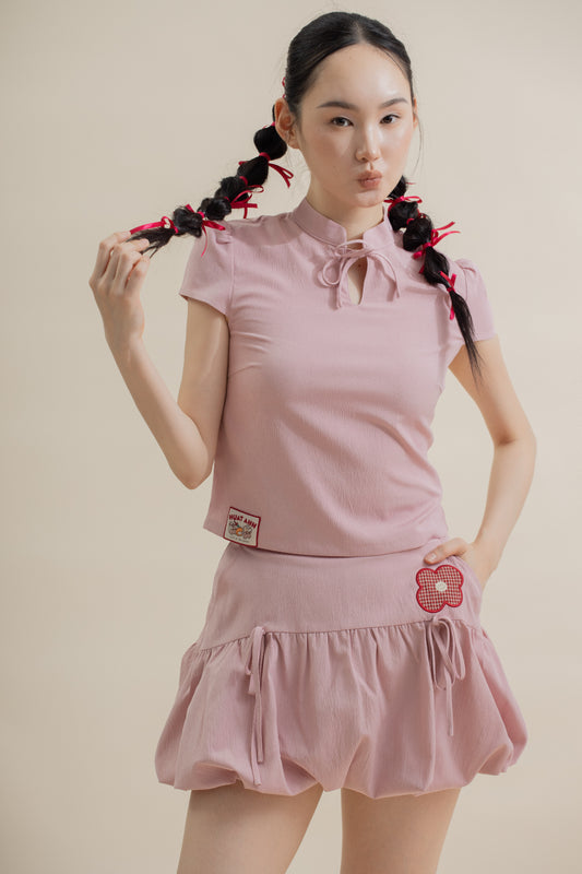 LULU Ribbon Collared Cheongsam Top (Pink)