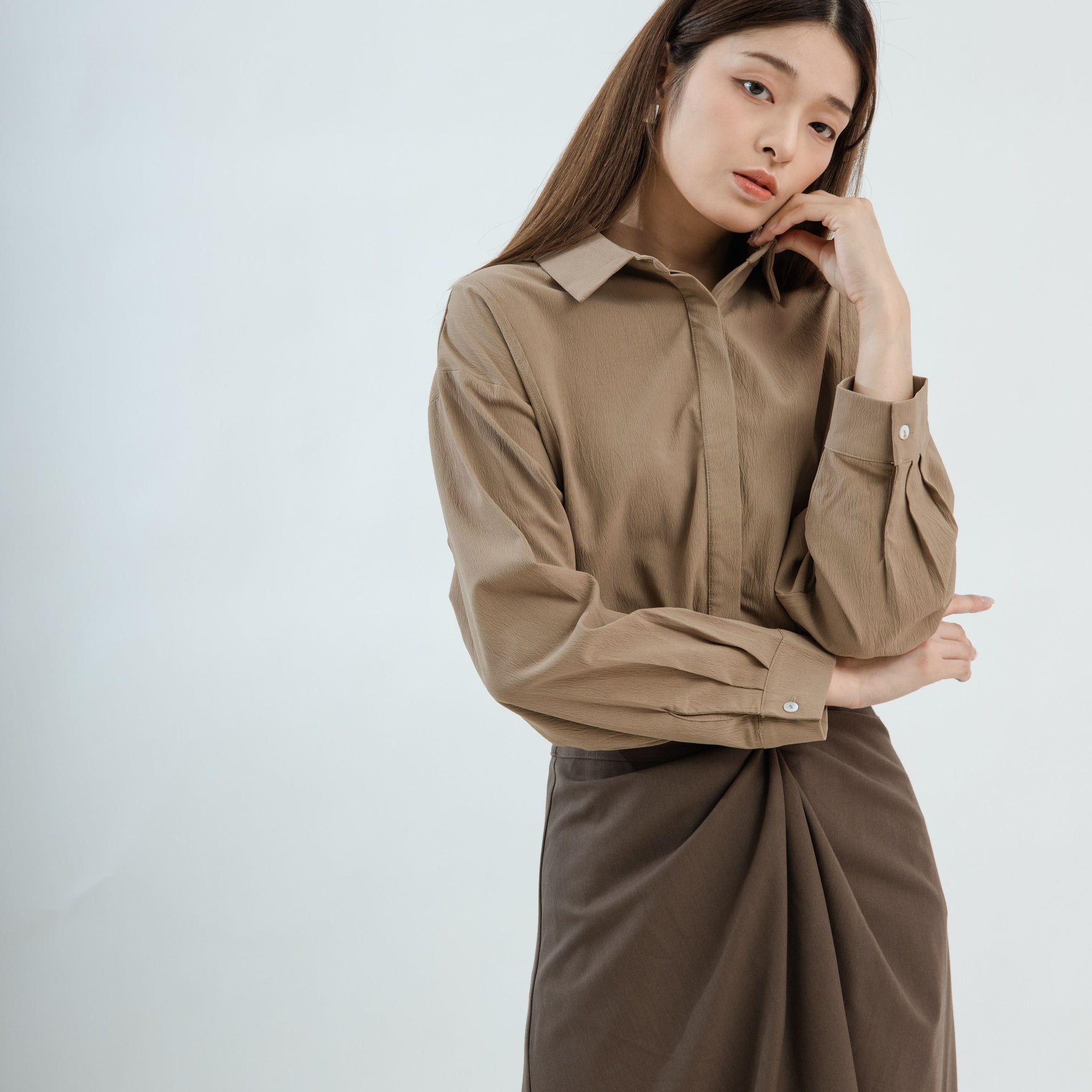 Cut & Sew Long Sleeve Shirt (Brown)