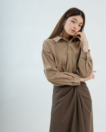 Cut & Sew Long Sleeve Shirt (Brown)