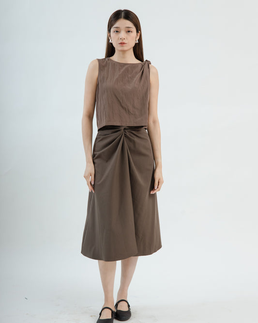 Asymmetrical Pleated Long Skirt (Dark Brown)