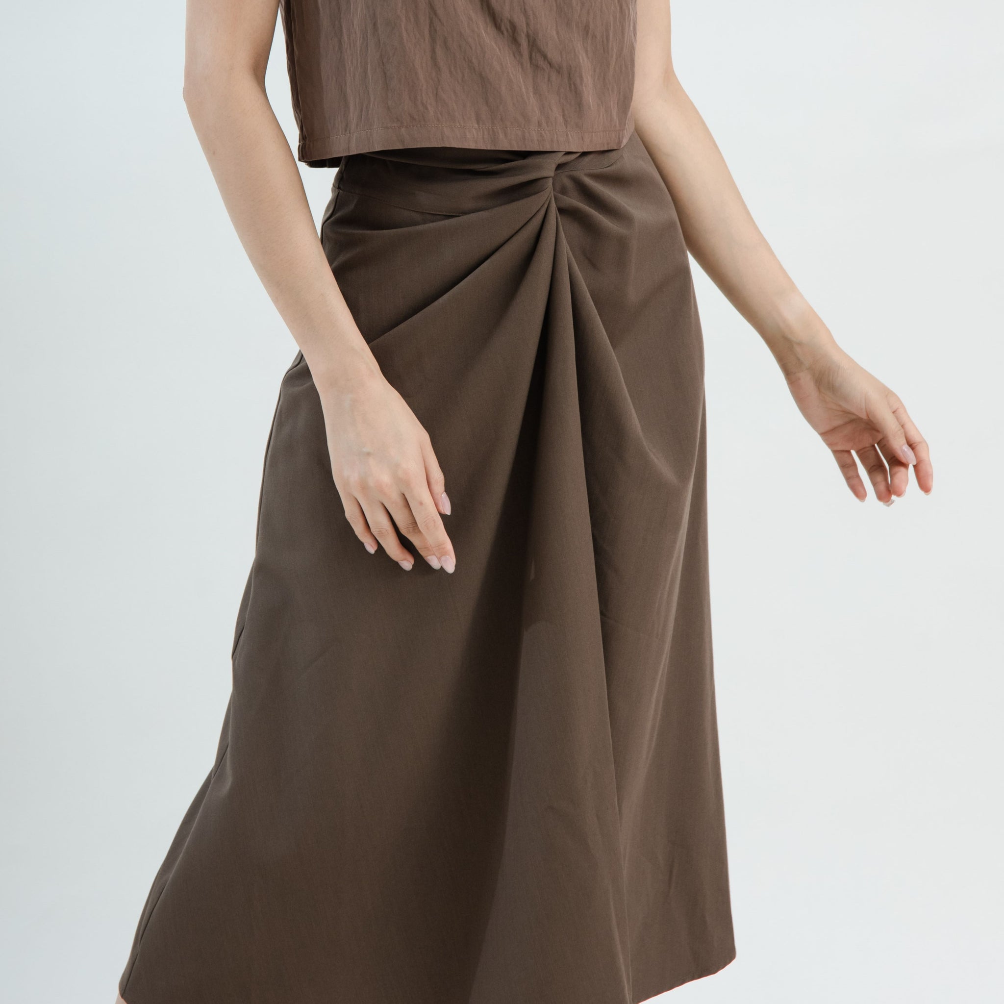 Asymmetrical Pleated Long Skirt (Dark Brown)