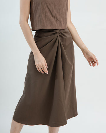 Asymmetrical Pleated Long Skirt (Dark Brown)