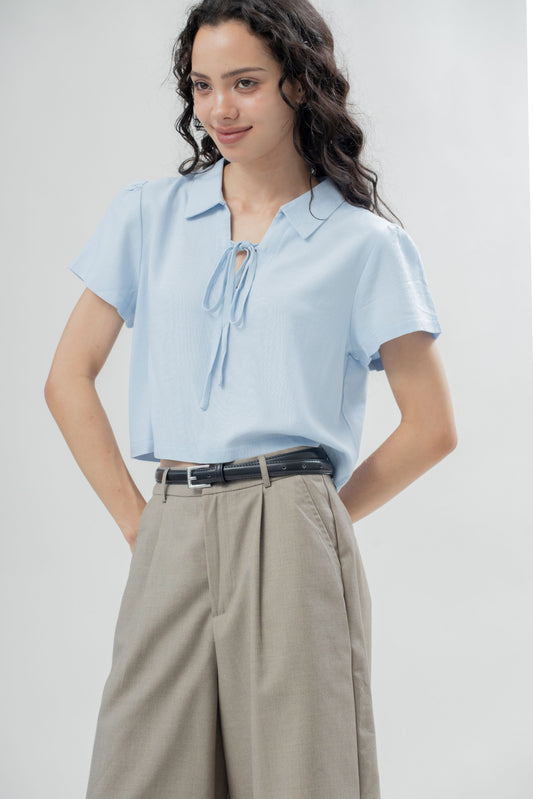Ribbon Short Sleeve Linen Top (Pastel Blue)