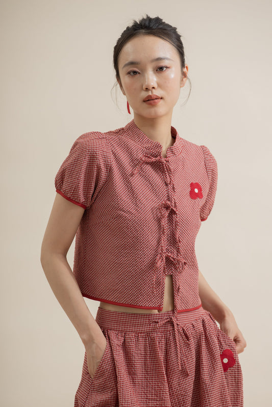 LULU Plaid Ribbon Short Sleeve Top (Red Plaid)