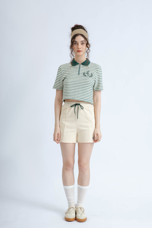 LULU Stripes Zipper Knit Polo Top (Green Stripes)