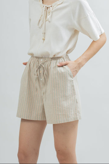 Elastic Waist Cotton Stripes Shorts (Green Stripes)