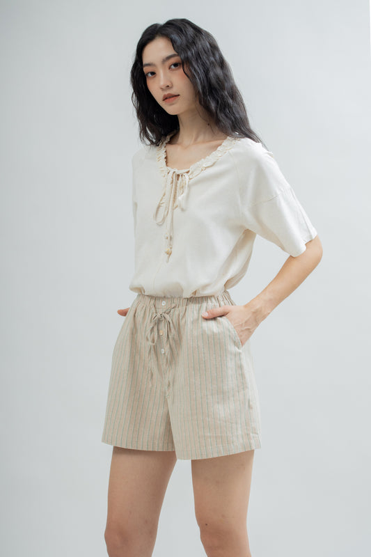 Elastic Waist Cotton Stripes Shorts (Green Stripes)