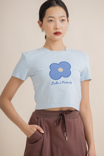 LULU Flower Embroidery Crop Tee (Blue)