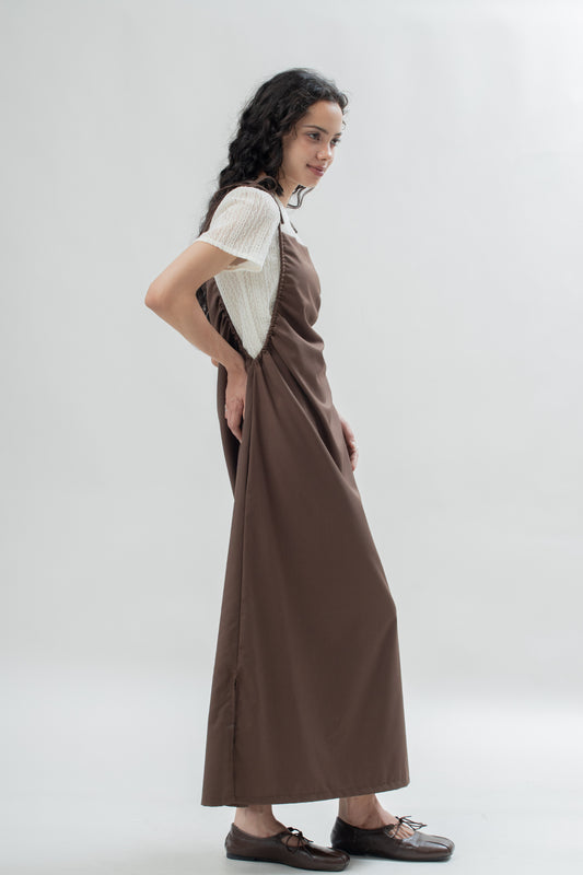 Ribbon Strap Side-Cinch Dress (Brown)