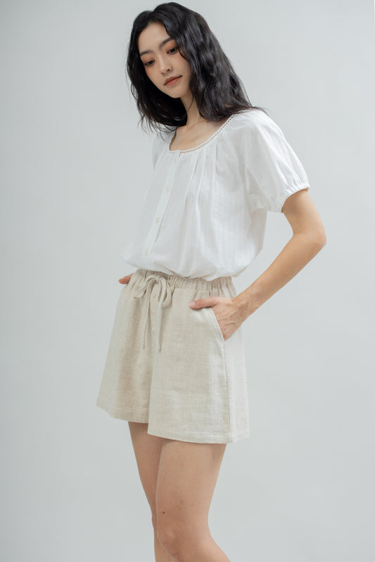 Elastic Waist Linen Shorts (Khaki)