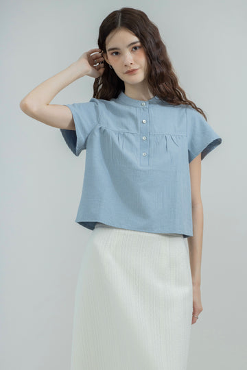 Front Shirred Stripey Blouse (Blue)