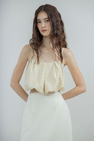 Caulie Floral Embroidery Puffy Spaghetti Top (Yellow)